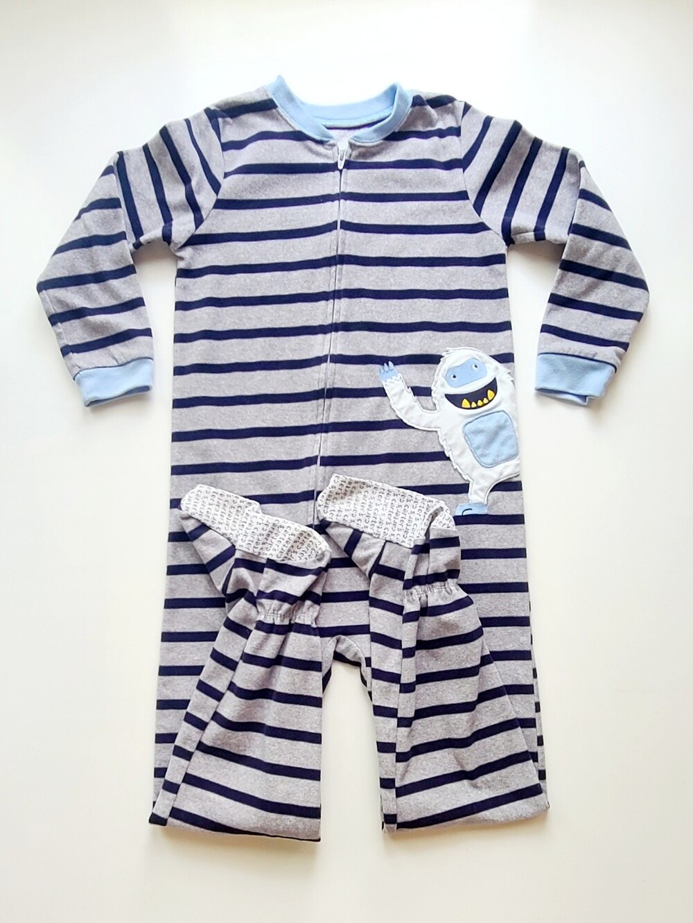 Carter's One-Piece Zip Fleece Footed Pajamas Striped Gray/Blue Size 7 Monster